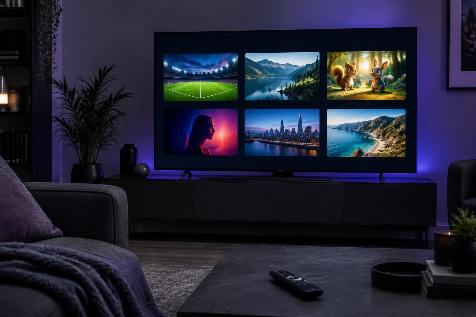 Television displaying an unbranded selection of sport, nature, animation, cinema, news and travel thumbnails beside a remote control
