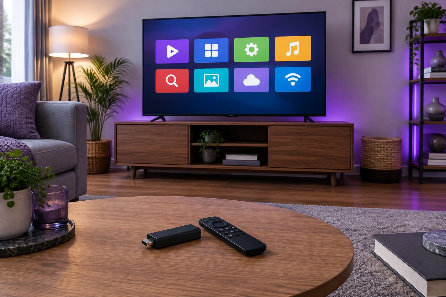 IPTV Smarters Pro Firestick setup with a streaming stick and remote beside a smart TV